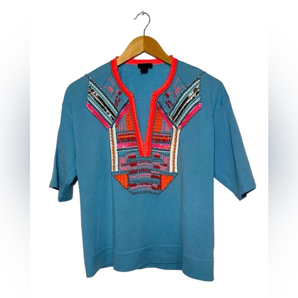 J. Crew Collection | 100% Merino Wool Embroidered Beaded Top | Blue Size Small - Picture 1 of 5